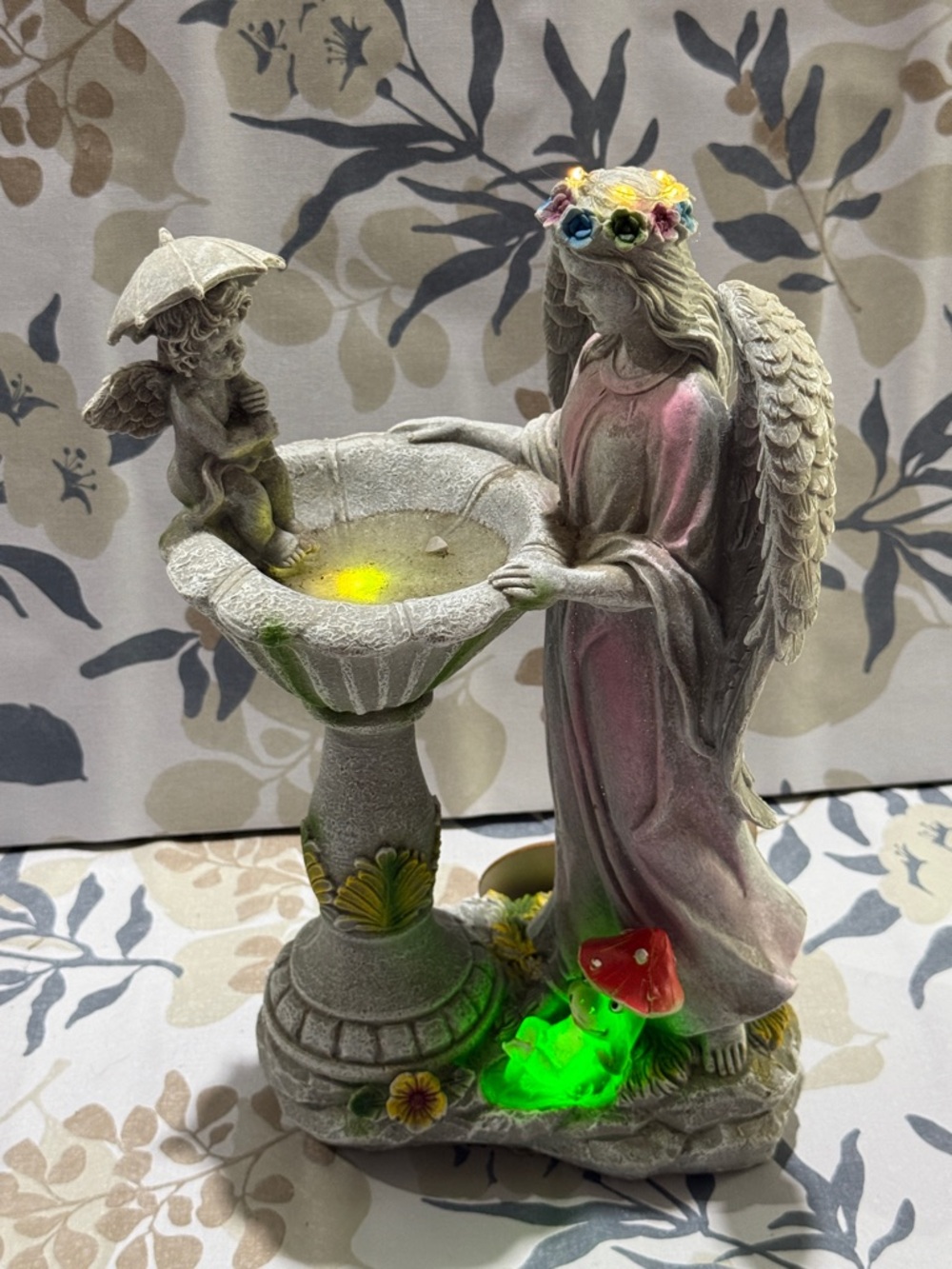 Angel Garden Statue Bird Bath with baby angel and LED